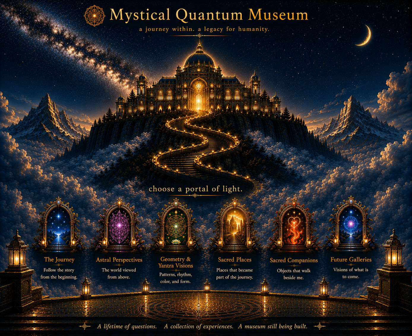 The Mystical Quantum Museum rising above illuminated clouds